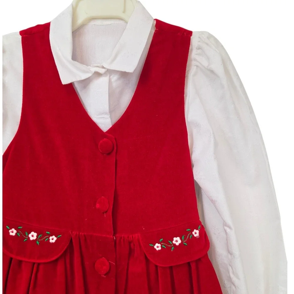Vintage Girls Red Corduroy Jumper Dress and White Blouse Set Size 6X Holiday